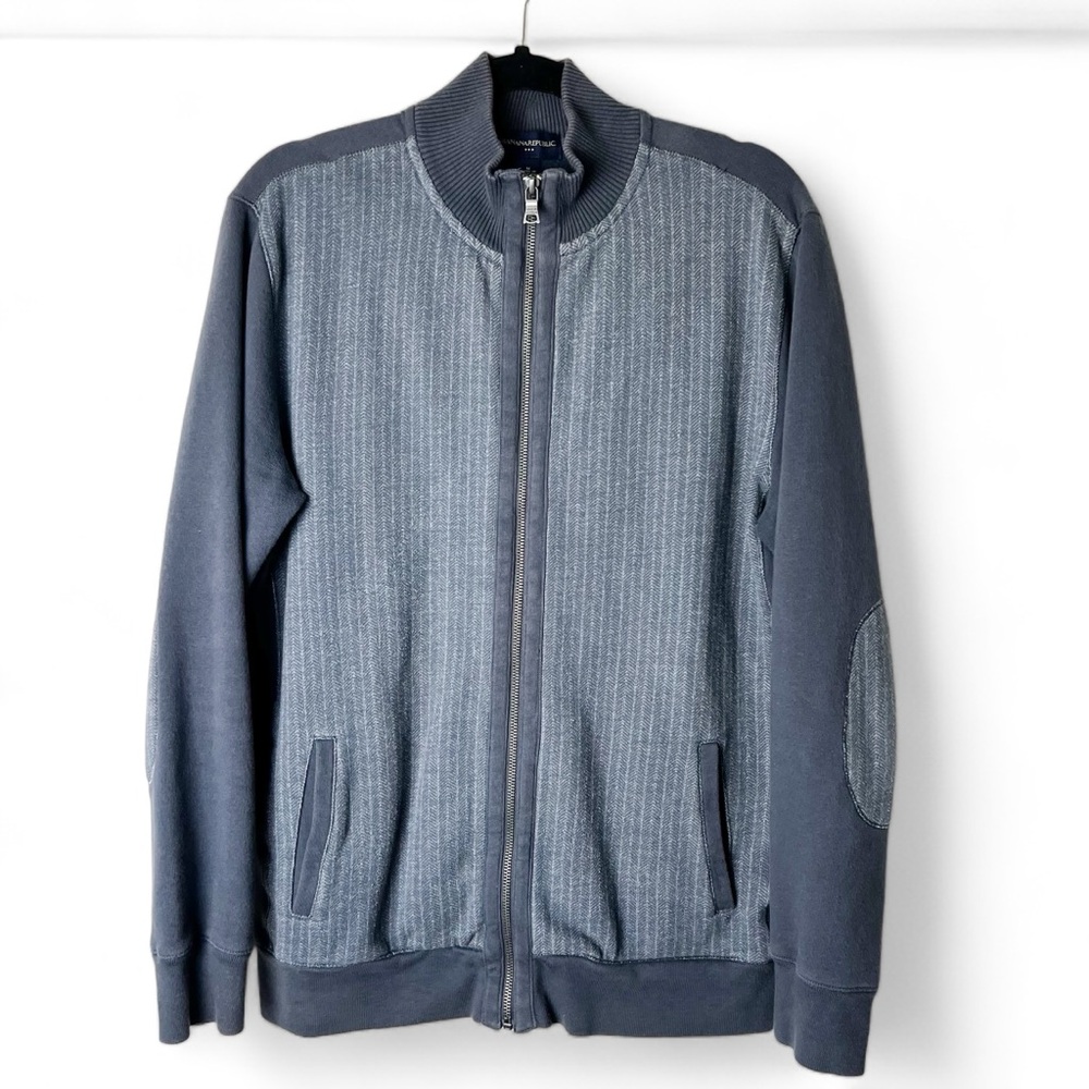 Banana Republic - Men’s Gray Herringbone Zip Up Cardigan Elbow Patches -‎ Sz. M